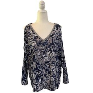Juicy Couture Faux Sequin Cold Shoulder Blouse Metallic Navy Silver Party XL